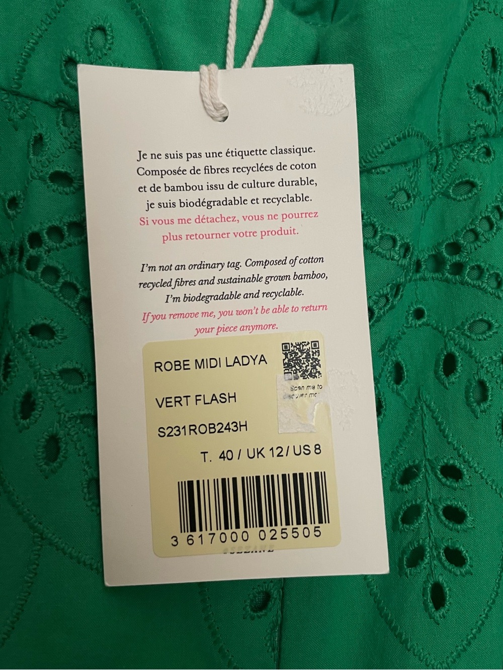 SEZANE NWT Green Floral Eyelet Embroidered Laser Cut Open Back Ladya Midi Dress - Picture 14 of 15